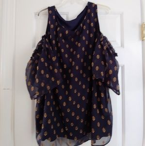 Navy & Gold Cold Shoulder Flutter Sleeve Blouse